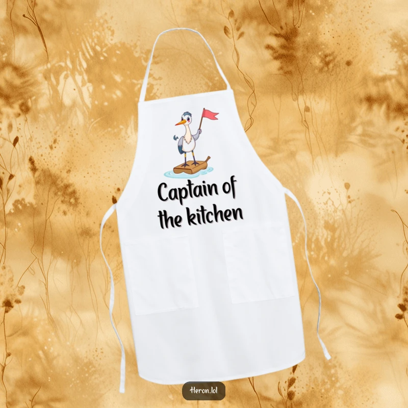 Funny Apron featuring a happy heron standing on a tiny raft, holding a flag, adding a humorous and adventurous touch to kitchen tasks.
