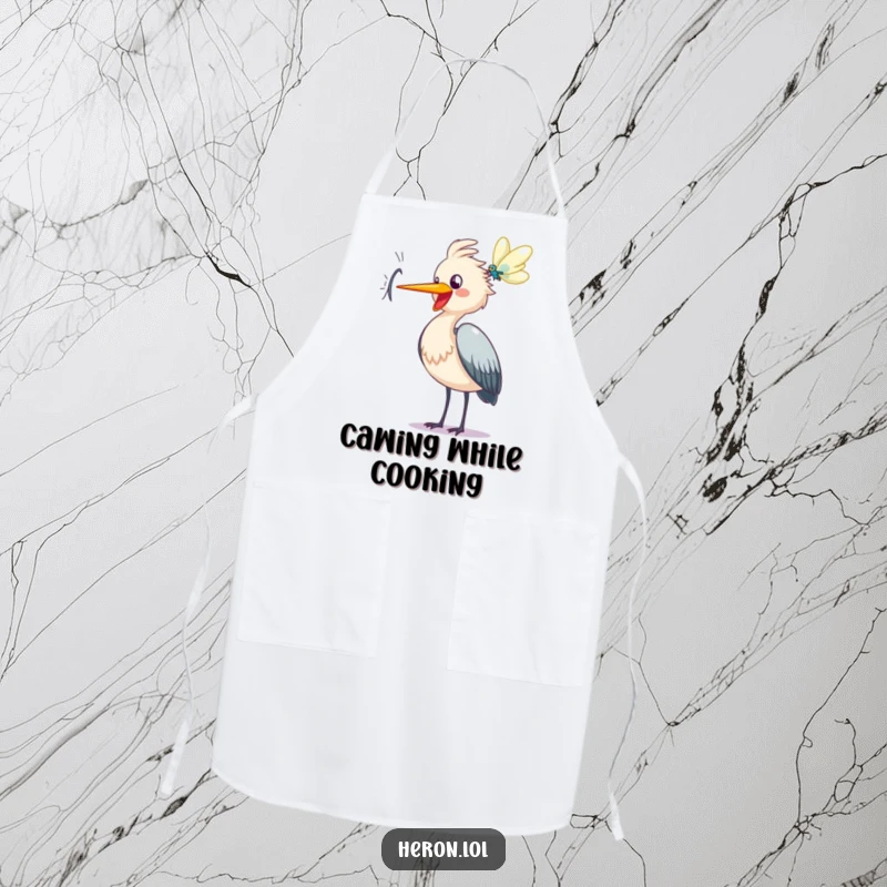 Funny heron apron, kitchen wear, happy bird cawing at dragonfly, joyful cartoon accessory, gift for cooks.