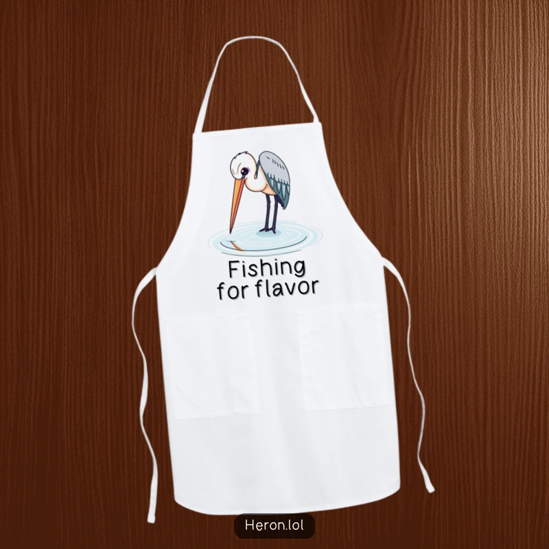 Heron bird dipping its beak into the water, a graceful and practical apron for kitchen artistry.