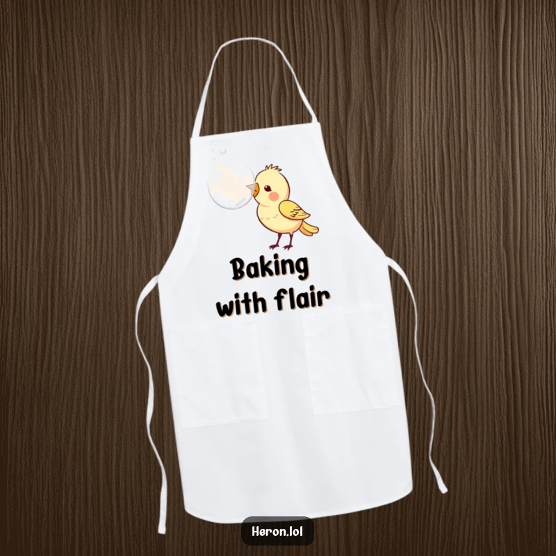 Funny apron illustrating a cheerful bird focused on blowing a large, iridescent bubble from its beak, perfect for a fun kitchen.