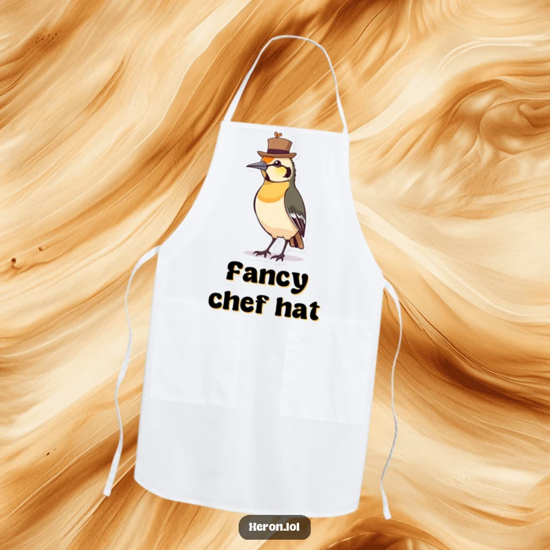 Funny Apron showing a proud bird in a jaunty hat, perfect for keeping clean and adding kitchen charm.