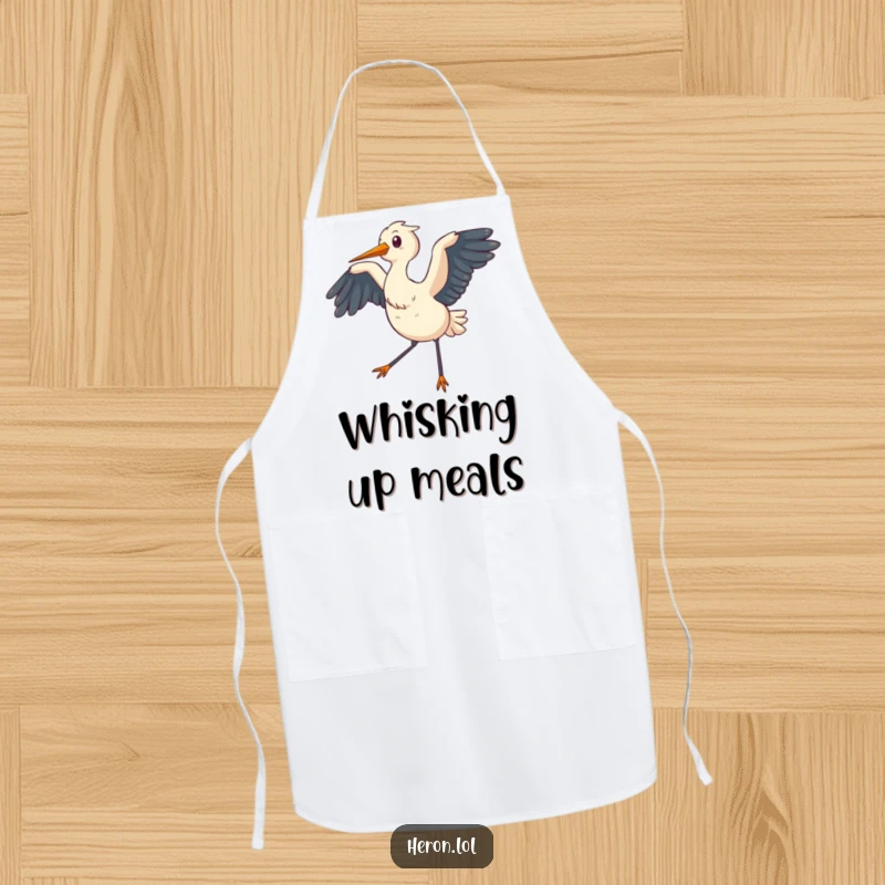 Funny Apron showing a chubby heron flapping its wings, creating a gentle breeze, adding a relaxed touch to kitchen duties.