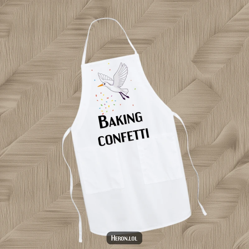 Funny Apron with a graphic of a heron joyfully flying through a stream of colorful confetti, ideal for a chef who loves to party.