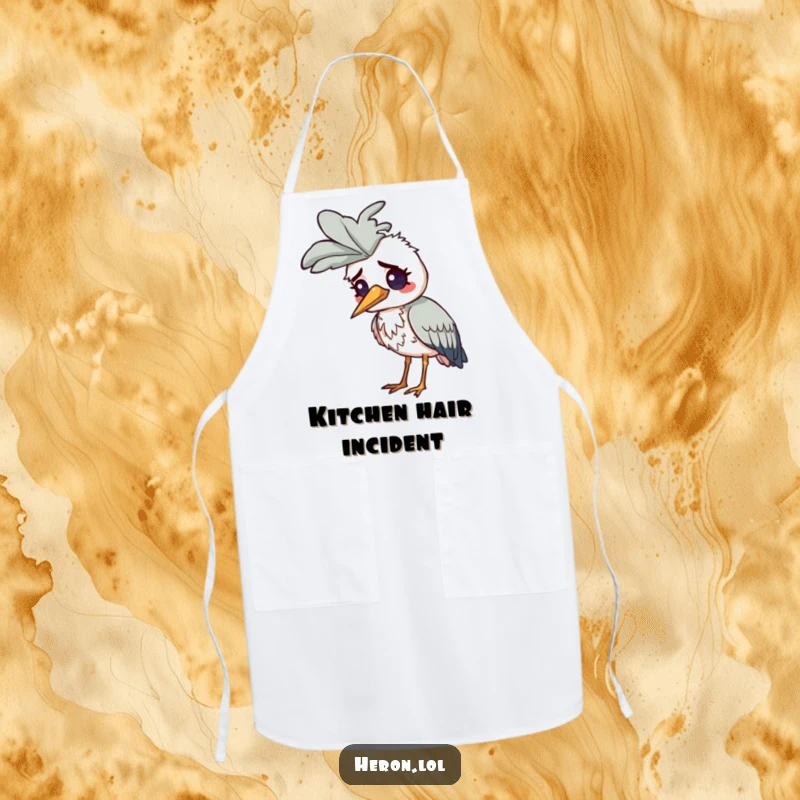 Funny Confused Heron Apron: A heron looks confused with a comically large feather stuck right on its head.