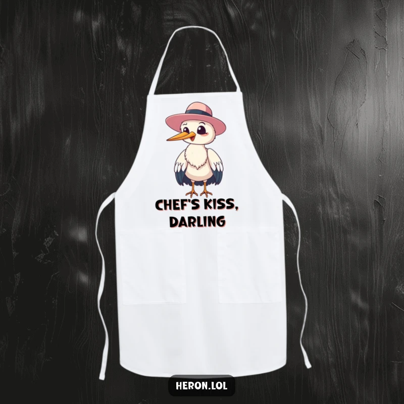 Funny heron bird giggling and tipping its floppy hat to the viewer, a humorous apron for kitchen tasks.