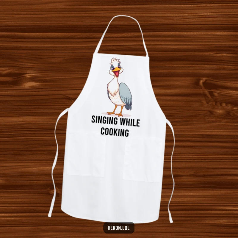 Funny goofy heron apron showing a bird with a grin singing a loud song, a humorous and functional kitchen accessory.