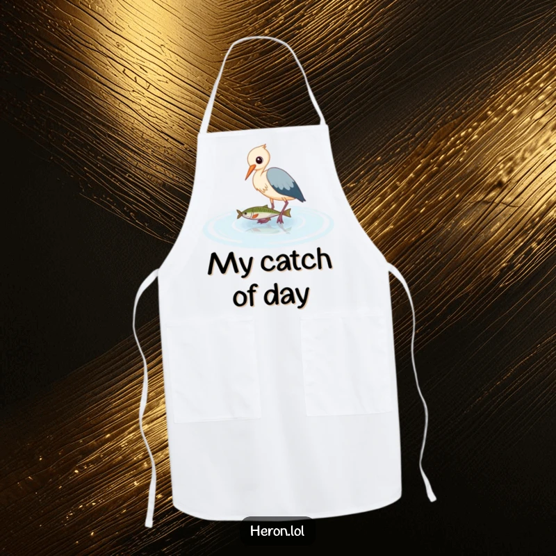Funny Heron Apron: Cute bird wading gracefully in water, expertly fishing, adding a humorous and practical touch to the kitchen.