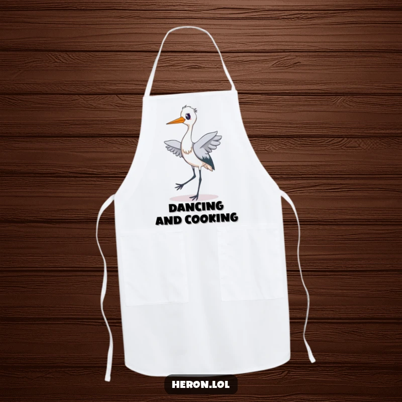Funny apron depicting a delighted heron doing a silly tiptoe dance with its long legs, a vibrant and joyful kitchen accessory.
