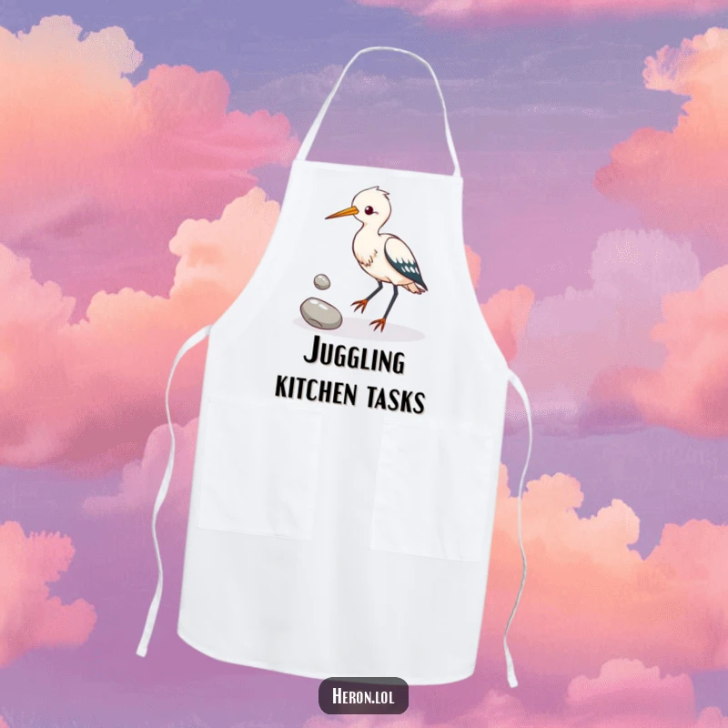 Funny heron bird attempting to juggle three shiny pebbles with its feet, a humorous apron for kitchen tasks.