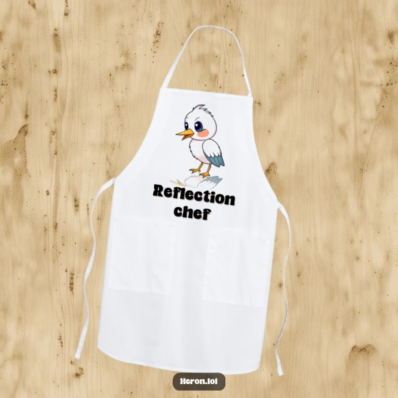 Funny kitchen apron showing a cute heron bird with an astonished expression staring at its reflection, adding humor to cooking.