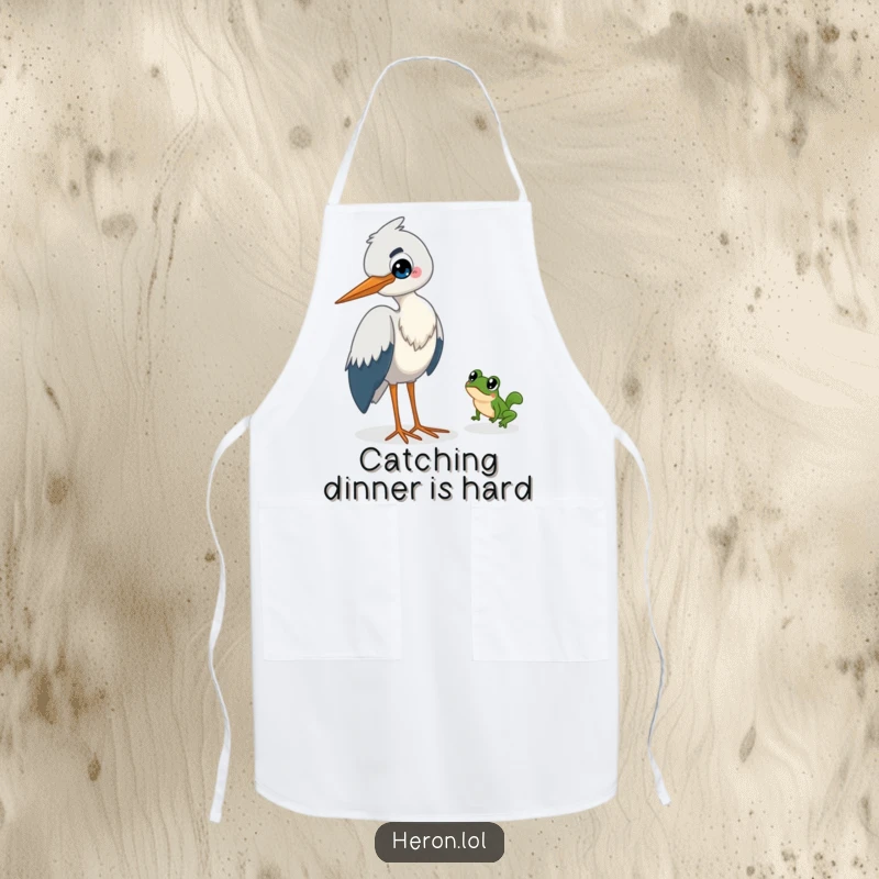 Funny Heron Apron: A mischievous heron wears a grin as a tiny frog makes a quick escape.