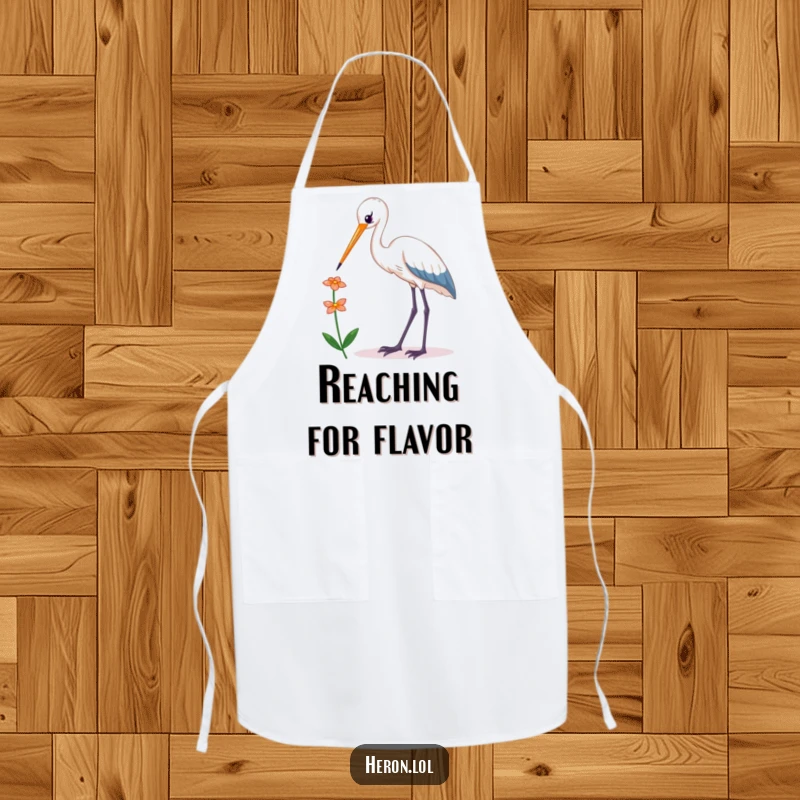 Funny Kawaii Heron Apron: Cute bird reaching for a flower on a durable apron, ideal for humorous cooking sessions.
