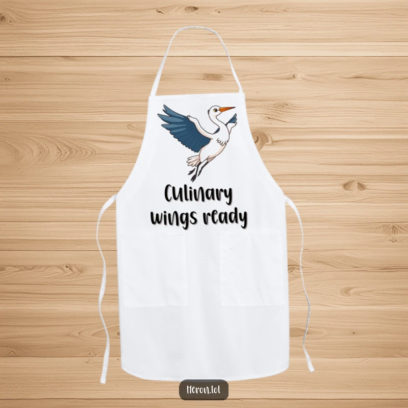 Funny Kawaii Heron Apron: Elegant kawaii heron bird in flight, wings outstretched, adding humorous charm to kitchen duties.