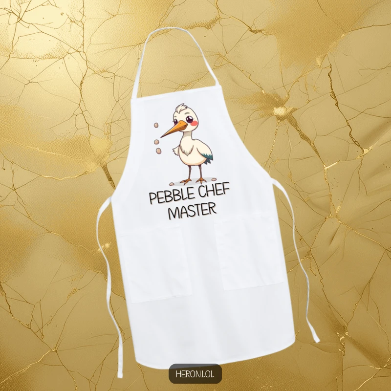 Funny kitchen apron showing a kawaii heron bird with a huge beak juggling pebbles, perfect for adding humor while cooking.