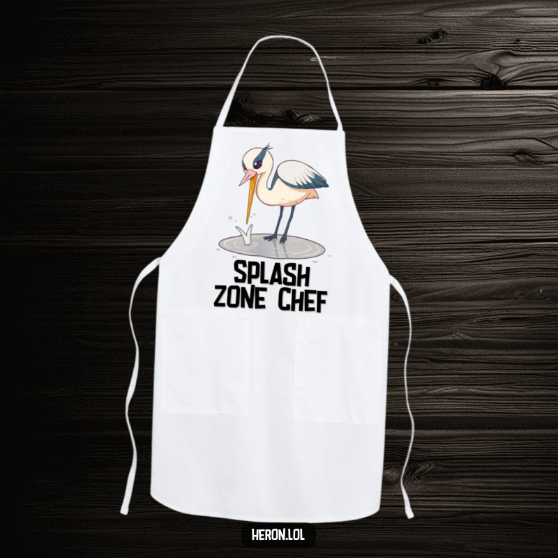 Funny Playful Heron Apron: Playful heron bird dipping its beak into a puddle with a splash, adding humorous flair to kitchen tasks.