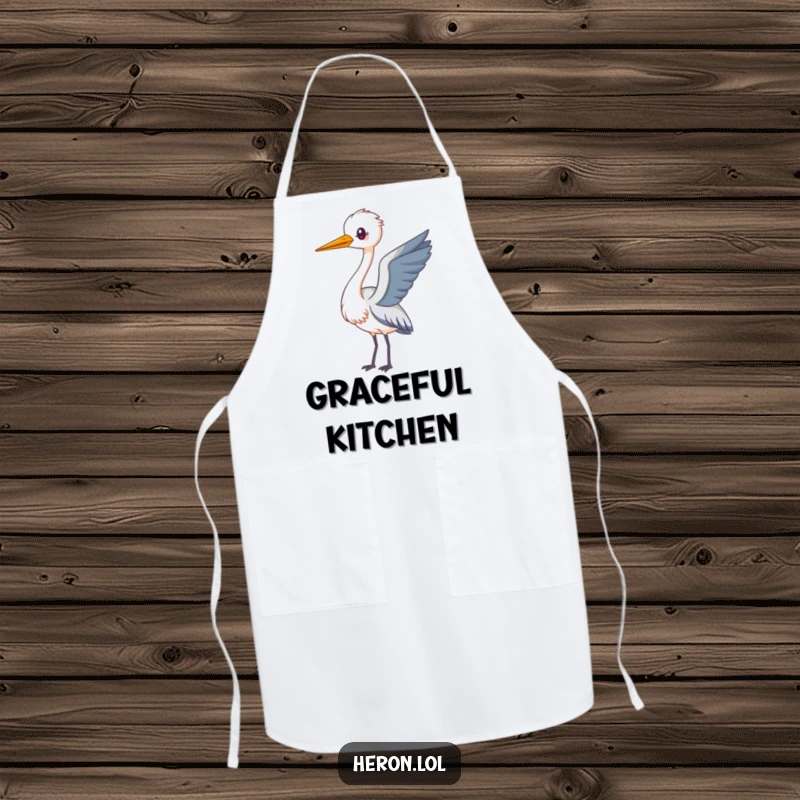 Funny Kawaii Heron Apron showing a heron looping playfully, a humorous and functional accessory for the kitchen.