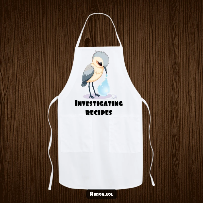 Funny Heron Apron: A curious bird peers into a magical dewdrop, bringing humor and enchantment to kitchen tasks.