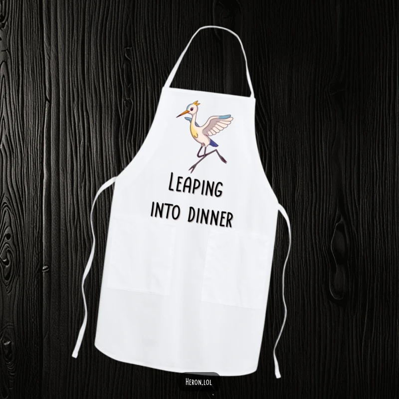 Funny Apron featuring a slim heron with long legs mid-leap, adding a playful and humorous touch to kitchen activities and meal preparation.