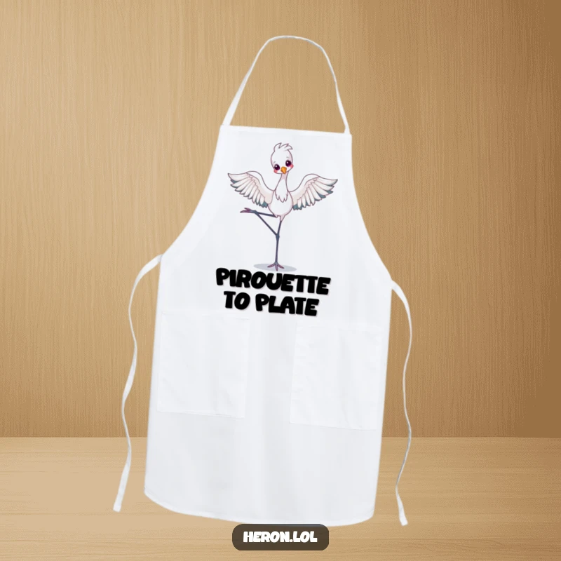 Funny Apron featuring a kawaii heron gracefully balancing in a ballet pose, adding a touch of playful charm and humor to kitchen tasks.