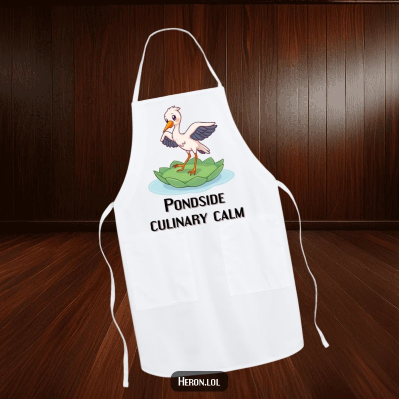 Funny Heron Apron: A delighted bird lands gracefully on a lily pad, bringing humor and natural elegance to cooking.