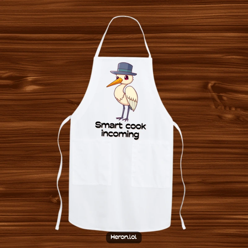 Funny apron showing a heron bird wearing a tiny hat and tipping it politely, perfect for humorous kitchen elegance.