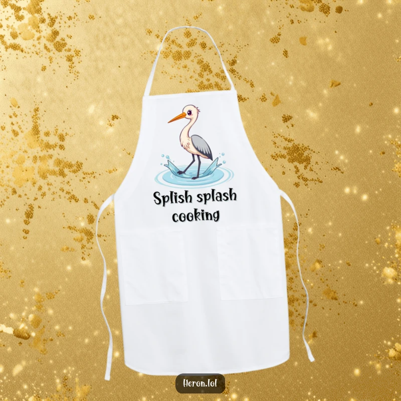 Funny kawaii heron apron showing a cute bird playfully splashing water with its long legs, making cooking more enjoyable.