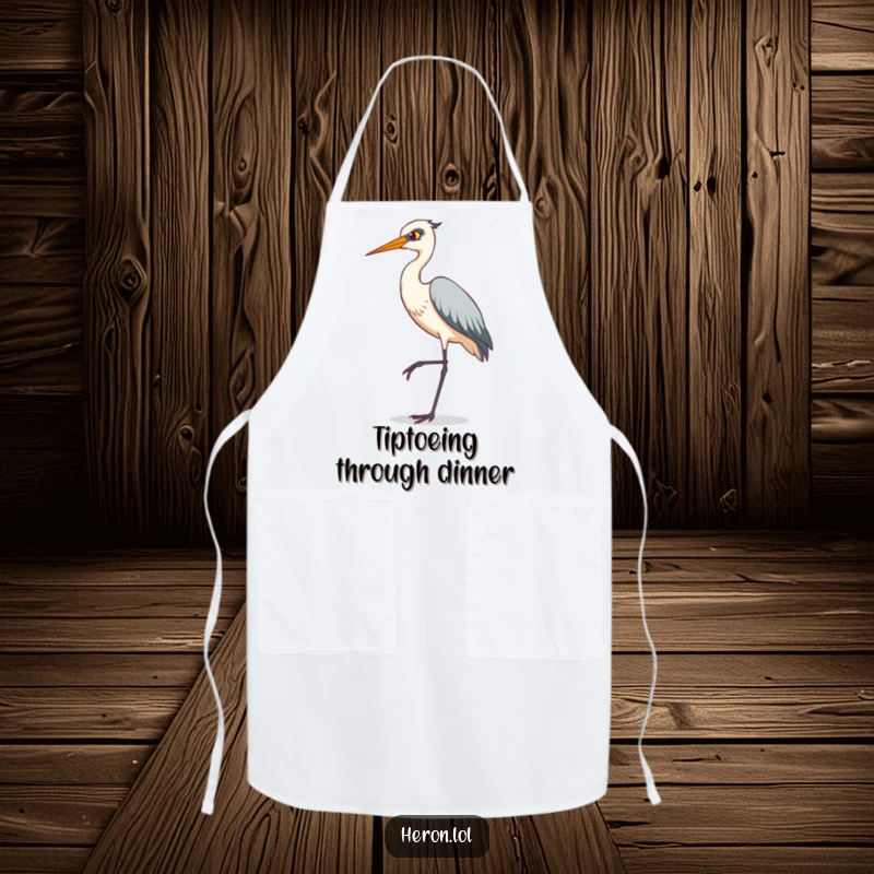 Funny apron depicting a heron in a comical tiptoeing pose on a single leg, designed for chefs who appreciate kitchen humor.