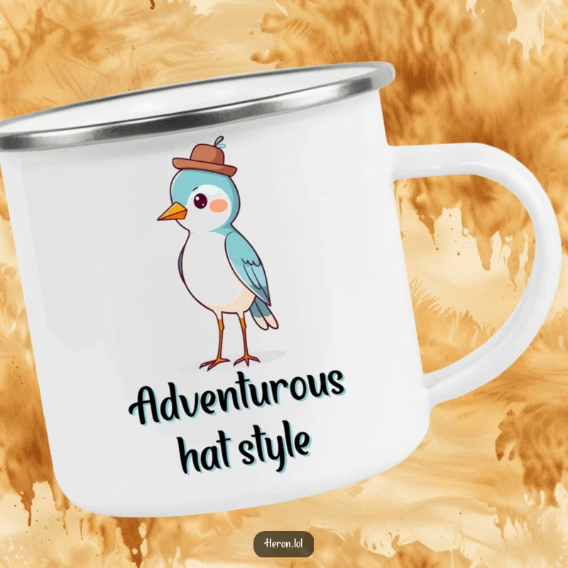 Funny Bird Camp Mug: A sturdy mug showing a proud bird in a jaunty hat, perfect for outdoor fun and dapper drinks.