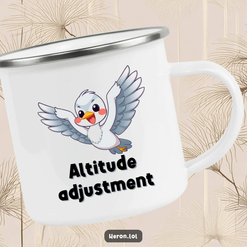 Funny Flying Heron Camping Mug: A happy heron flaps its flippers enthusiastically, comically trying to fly outdoors.