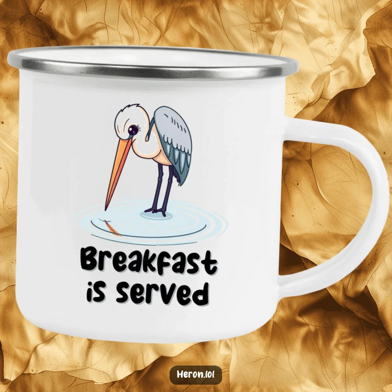 Heron bird dipping its beak into the water, a durable and serene camping mug for outdoor lovers.