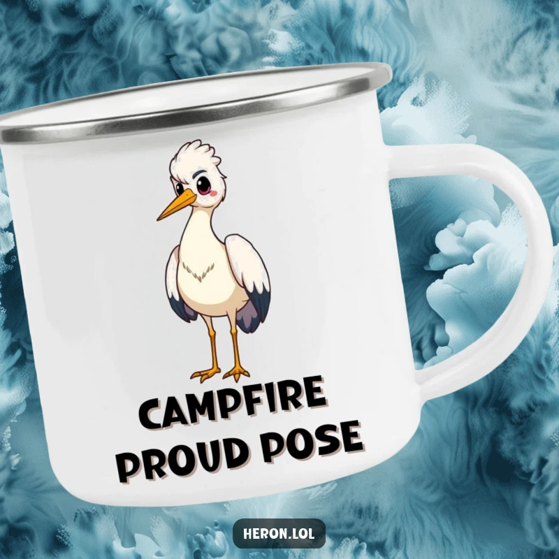 Funny camping mug featuring a proud heron bird standing tall, chest puffed out, perfect for enjoying beverages with majestic flair.