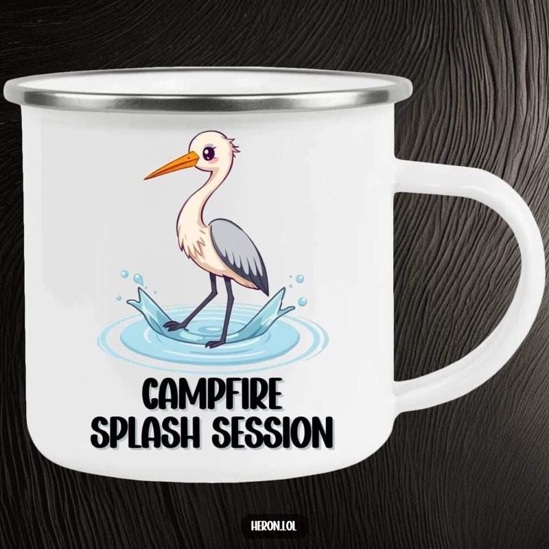Funny kawaii heron camping mug featuring a cute bird splashing water with its long legs, perfect for outdoor enthusiasts.