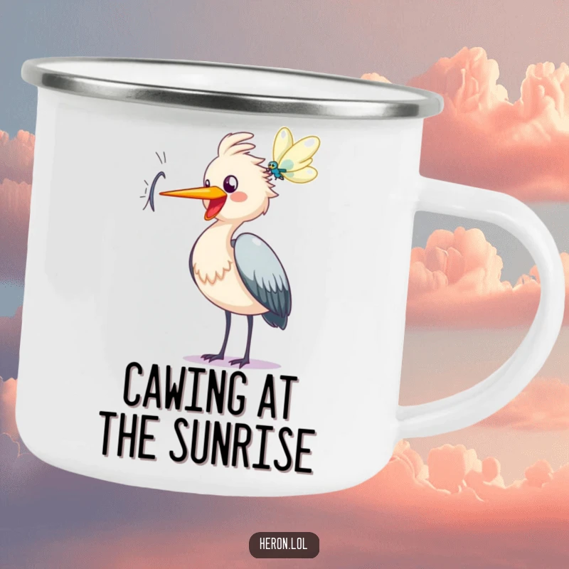 Funny heron camping mug, enamel mug, happy bird cawing at dragonfly, outdoor gear, humorous gift for adventurers.
