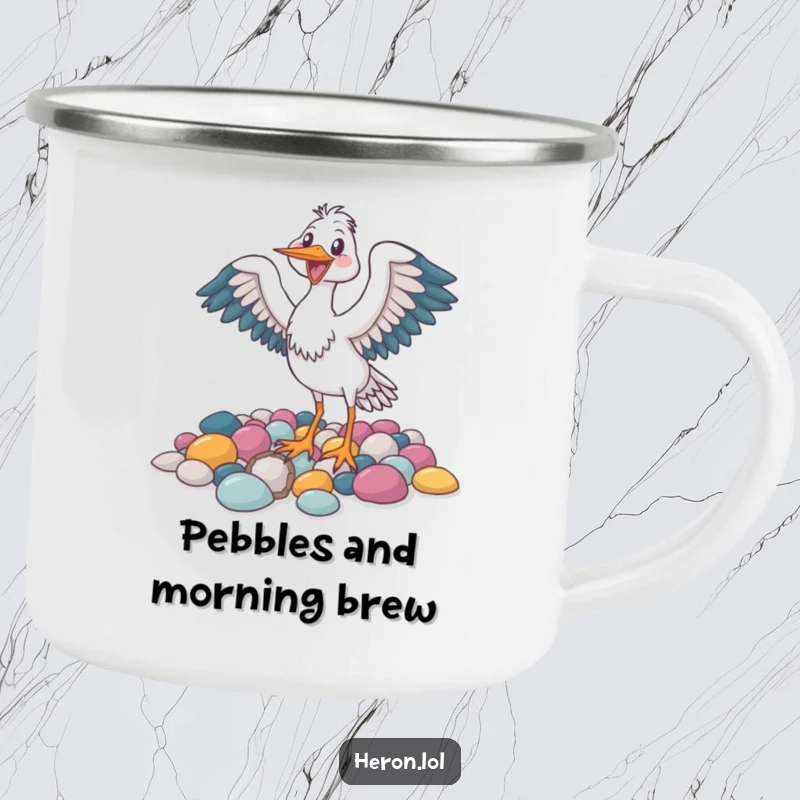 Funny camping mug featuring a joyful heron bird flapping its wings near colorful pebbles, ready for adventure.