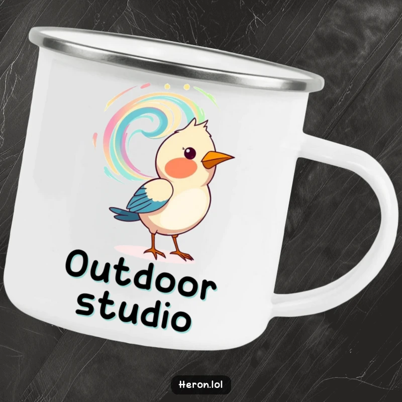 Funny camping mug with a bird artistically painting a swirling pattern in the air, perfect for creative outdoor moments.
