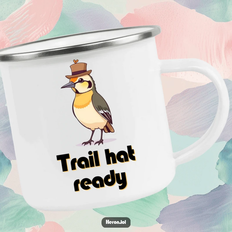 Funny Camping Mug featuring a proud bird in a jaunty hat, perfect for sipping drinks in the wild with humor.