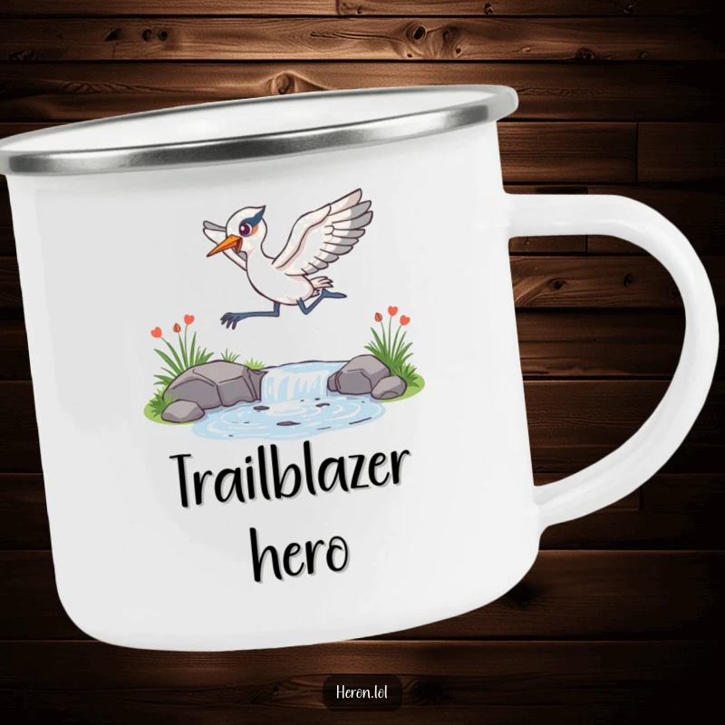 Funny Camping Mug featuring an energetic heron leaping over a sparkling stream, ready for any outdoor adventure.