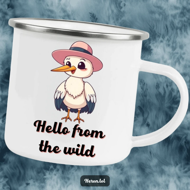 Funny heron bird giggling and tipping its floppy hat to the viewer, a durable camping mug with humorous bird cheer.