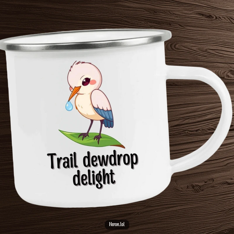 Funny camping mug featuring a playful heron bird delicately sipping a dewdrop from a leaf, ideal for enjoying nature's beauty.