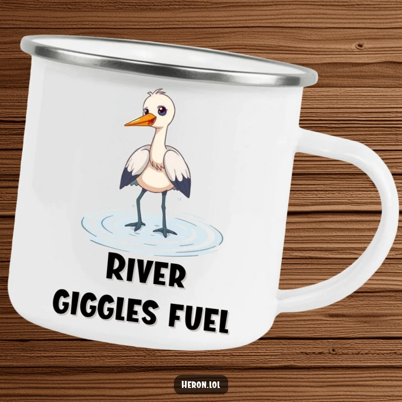 Funny Camping Mug featuring a heron wading playfully through shallow water, giggling, perfect for outdoor enthusiasts who enjoy humorous and joyful themes.