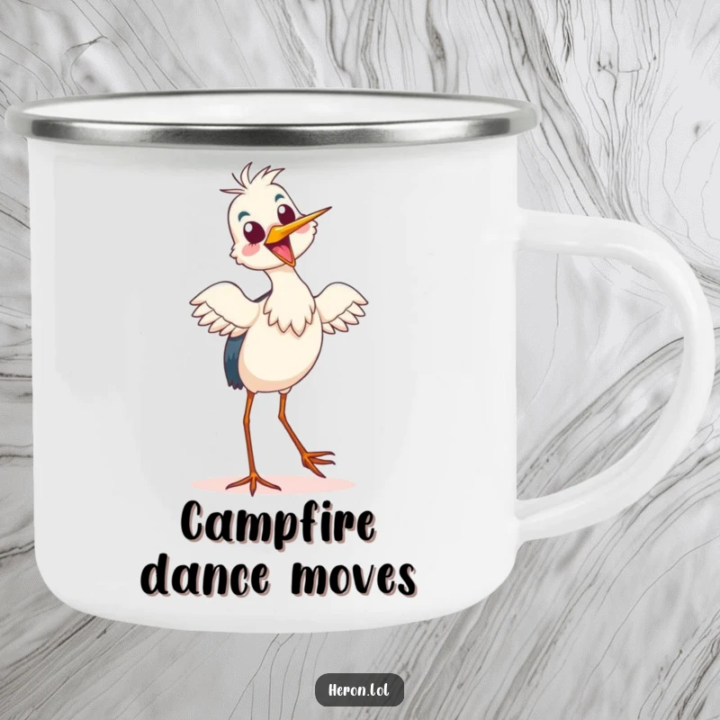 Funny Camping Mug featuring a delighted heron doing a silly tiptoe dance, perfect for enjoying drinks outdoors with cheer.