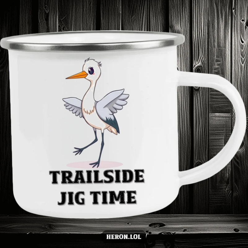 Funny enamel camping mug featuring a delighted heron doing a silly tiptoe dance, bringing a touch of playful energy to your outdoor adventures.