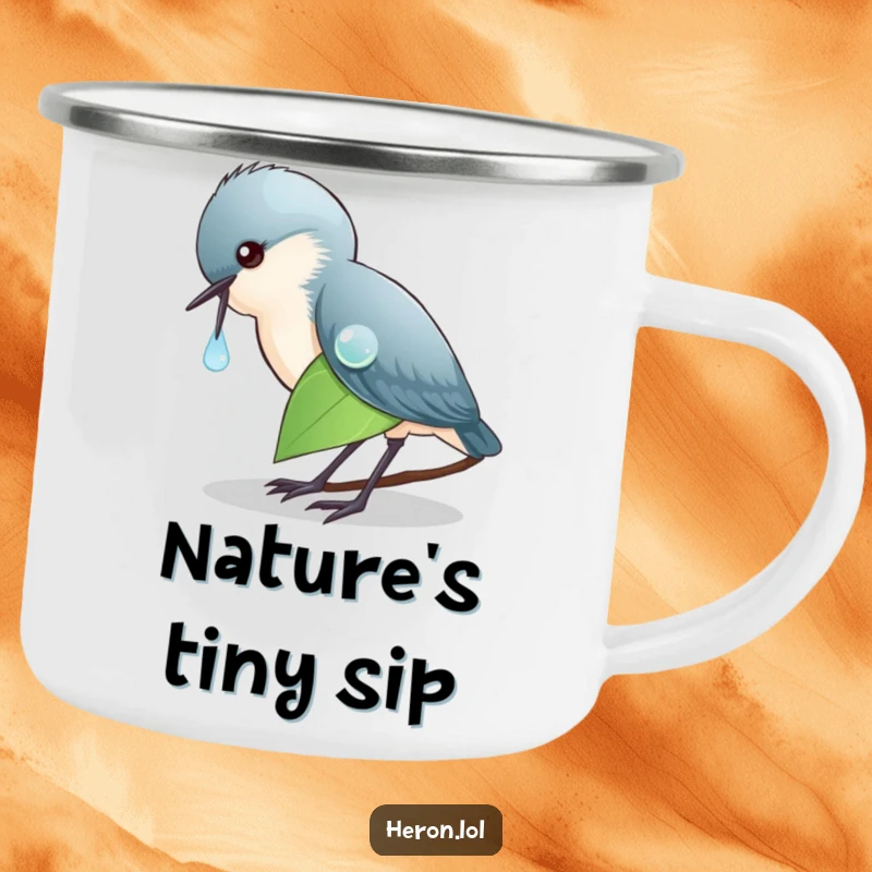 Funny Camping Mug featuring a heron pecking a dewdrop, rugged enough for adventure and humorous enough for smiles.