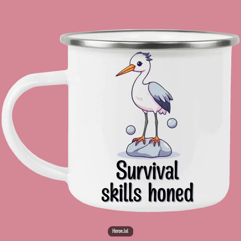 Funny Heron Juggling Enamel Camping Mug: Adventure with Humor