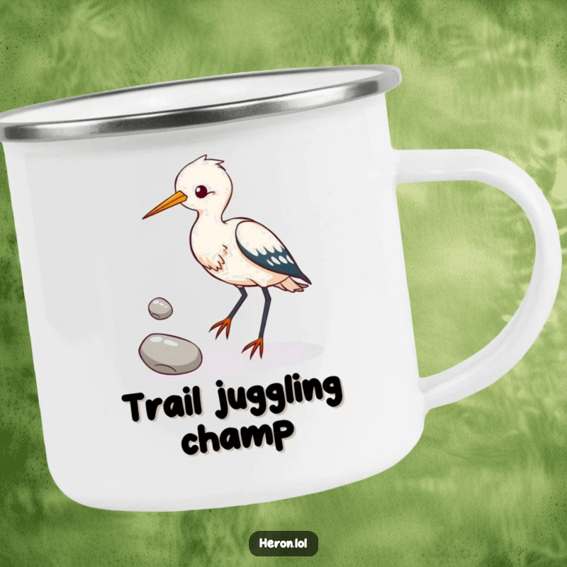 Funny heron bird attempting to juggle three shiny pebbles with its feet, a durable camping mug with humorous bird talent.