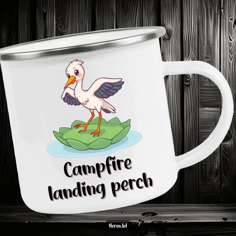 Funny Heron Camping Mug: Delighted bird lands gracefully on a lily pad, perfect for outdoor enjoyment with humor.