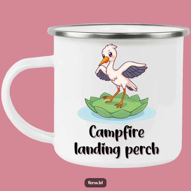 Funny Heron Landing Camping Mug: Delighted Bird's Grace for Outdoor, Hilarious Sips