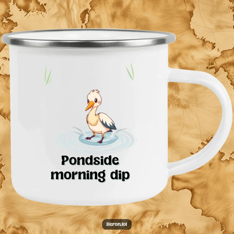 Funny heron camping mug with playful splashing in a pond, designed for humorous outdoor enjoyment.