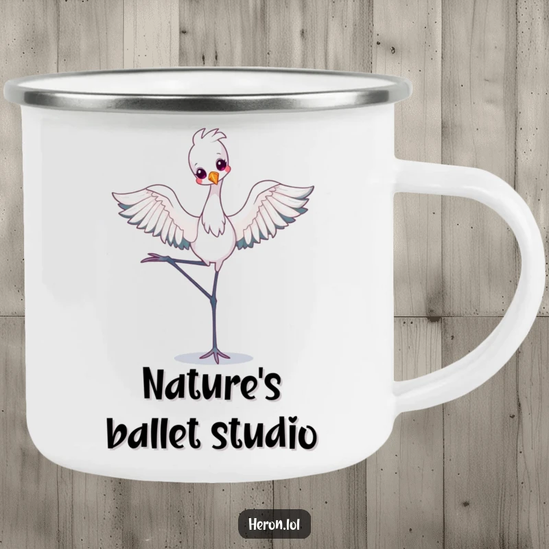 Funny Camping Mug showcasing a kawaii heron balancing elegantly in a ballet pose, perfect for outdoor enjoyment with a touch of cute humor.