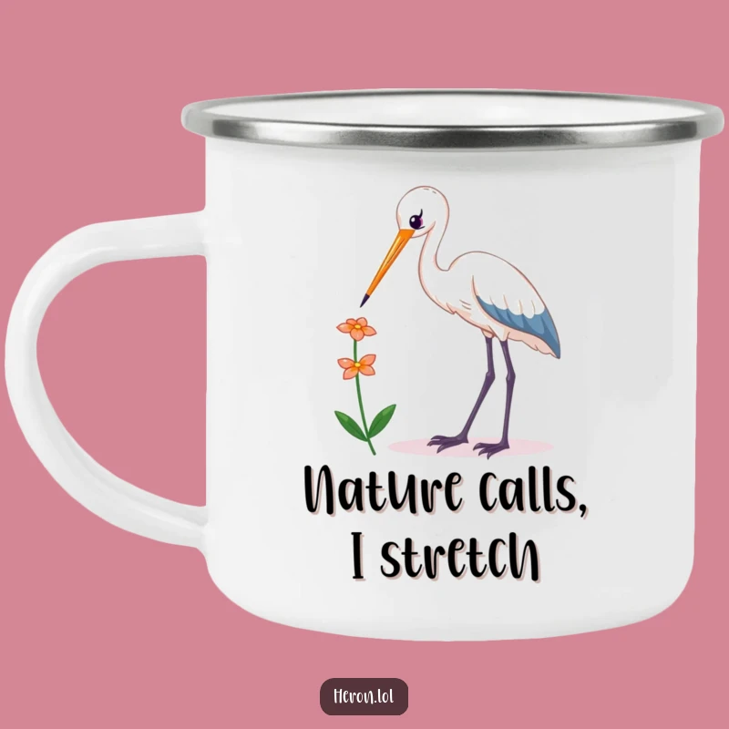 Funny Kawaii Heron Camping Mug: Durable Bird Reaching Flower, Humorous Outdoor Gift